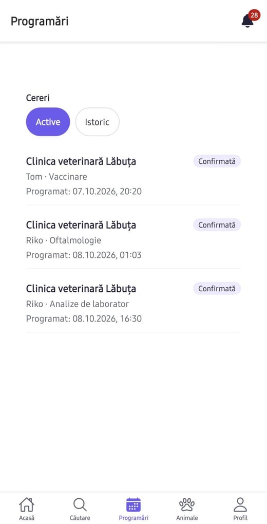 Ecranul Programări din aplicație: cereri active, cu starea „Confirmată”